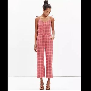 Madewell Red And White Plaid Biopic Adjustable Spaghetti Strap Jumpsuit Size M